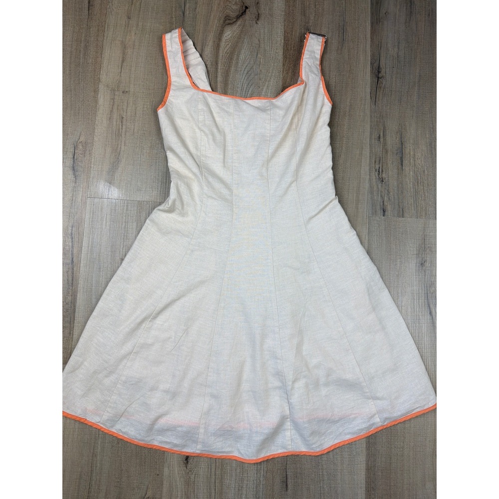 Strut & Bolt Cream Linen Blend Mini Dress Orange‎ Trim Smocked Back Small